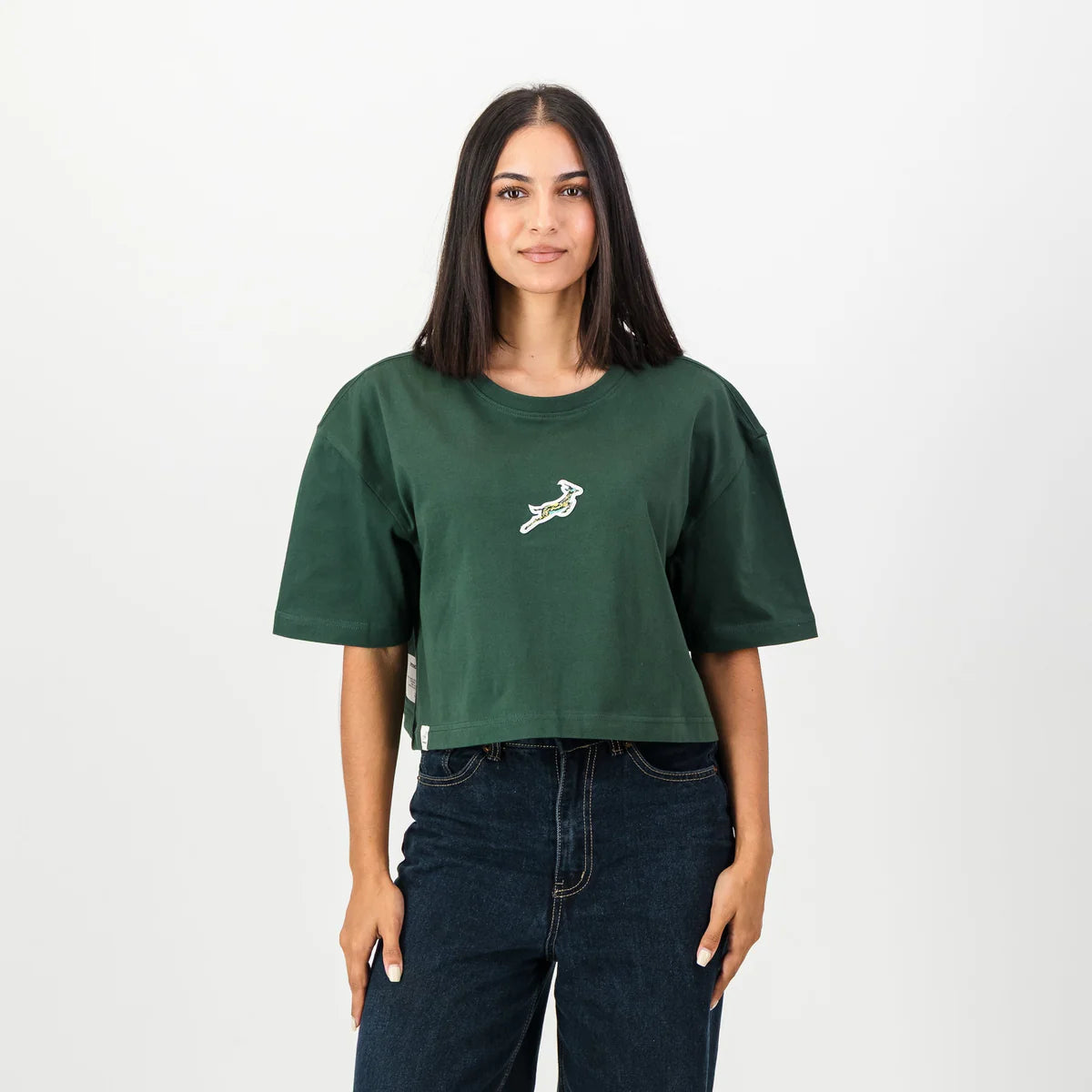 Springboks Pop Badge Ladies Boxy Crew Tee-OS Green