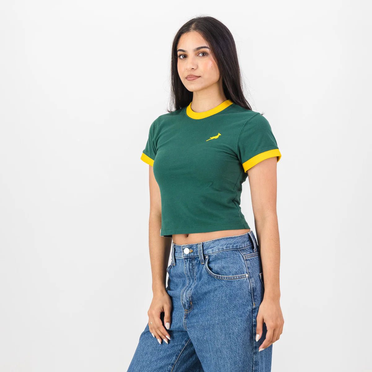 Springboks Ringer Crop Crew Tee - OS Green