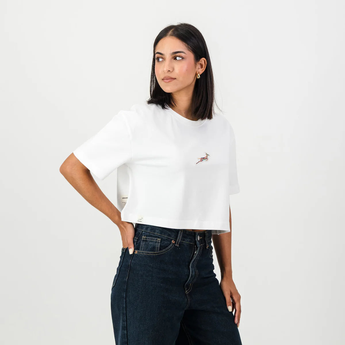 Springboks Pop Badge Ladies Boxy Crew Tee-White